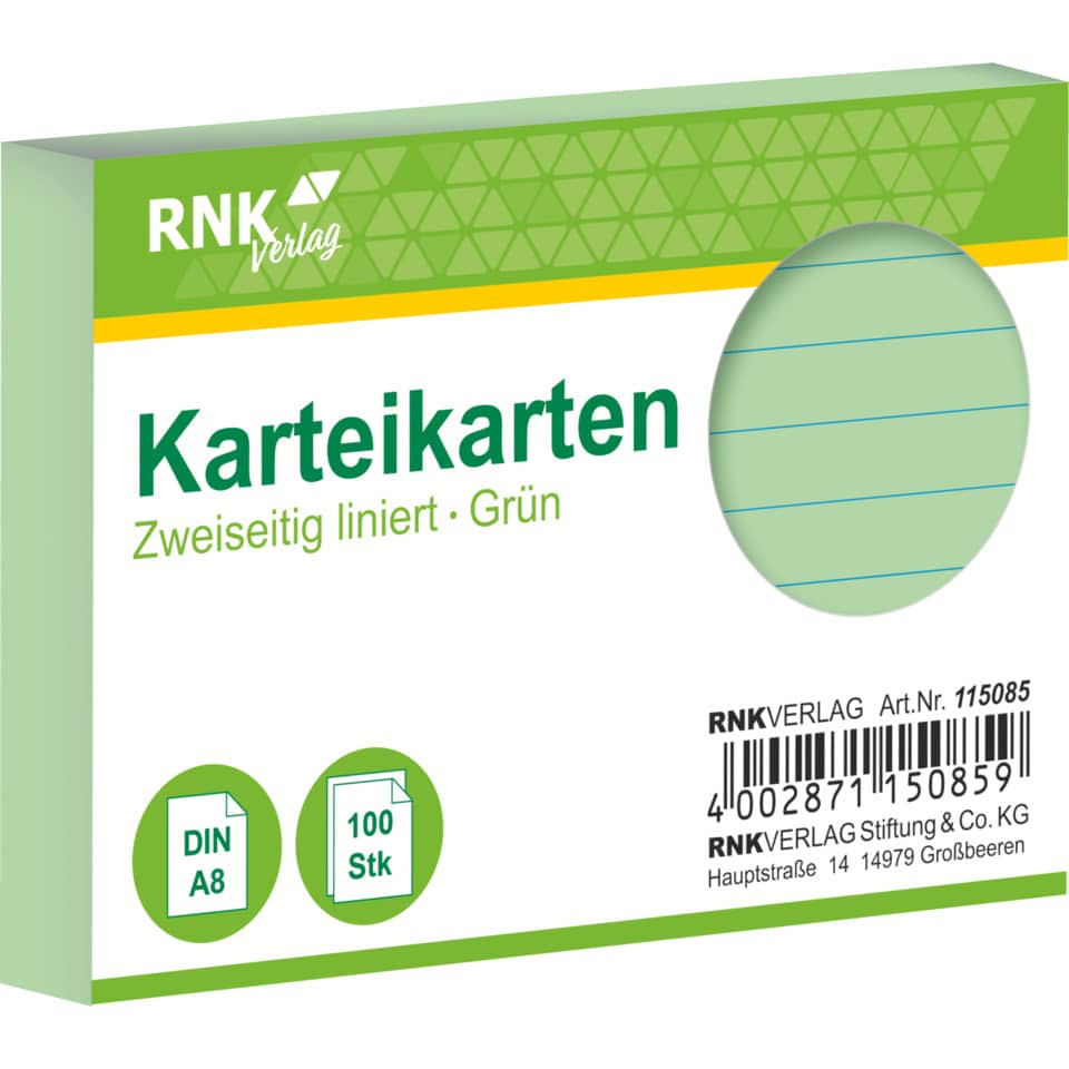 Karteikarte, A8, 170g/m², liniert, 100 Stück, grün RNK 115085 RNK 115085 liniert