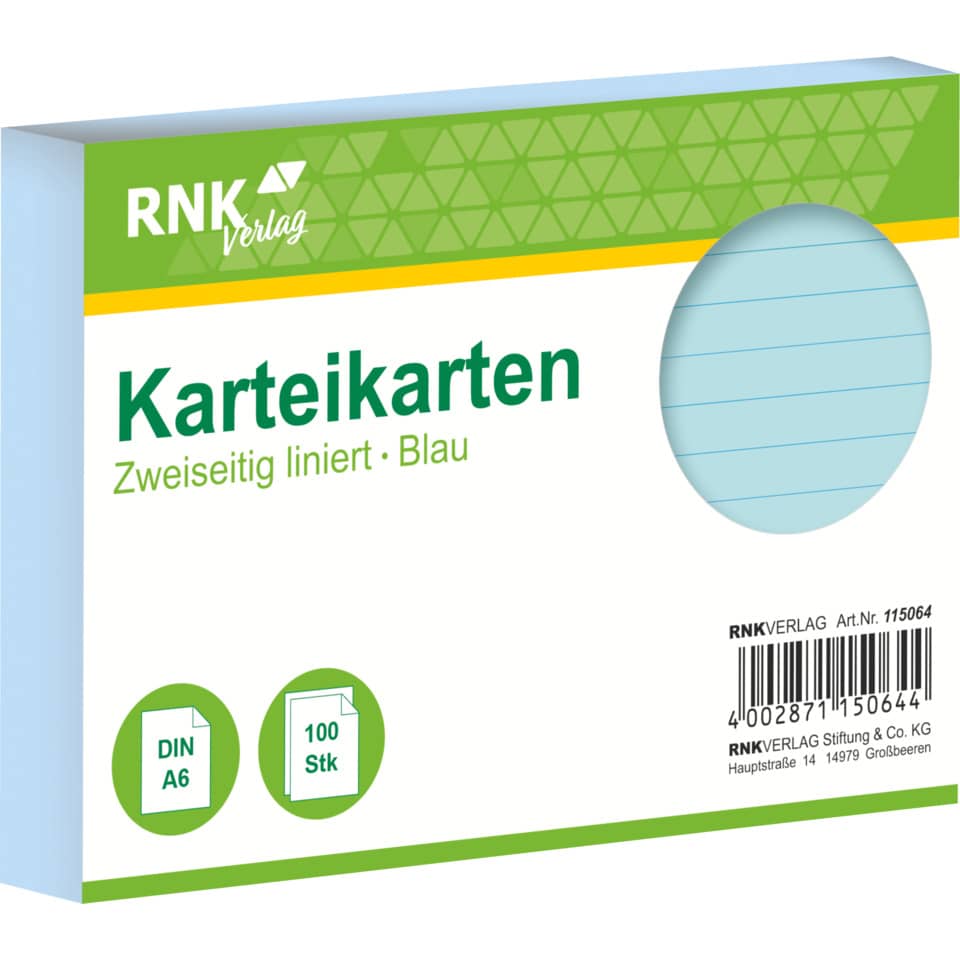 Karteikarte, A6, 170g/m², liniert, 100 Stück, blau RNK 115064 RNK 115064 liniert