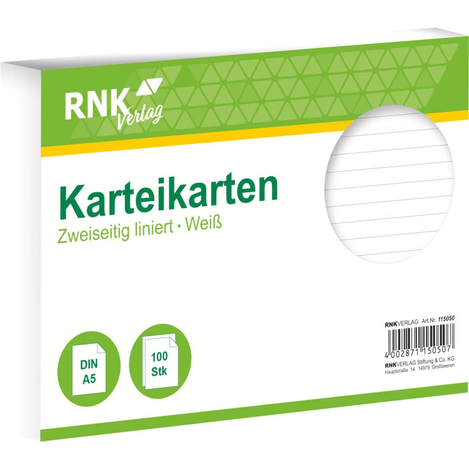 Karteikarte, A5, 170g/m², liniert, 100 Stück, weiß RNK 115050 RNK 115050 liniert