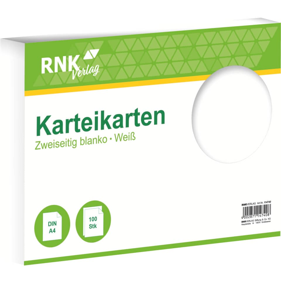 Karteikarte, A4, 170g/m², blanko, 100 Stück, weiß RNK 114740 RNK 114740 blanko