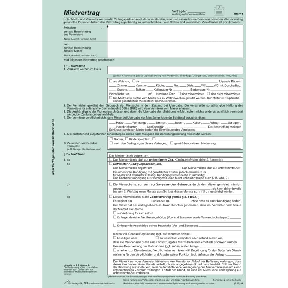 Mietvertrag Universal DIN A4 SD mit Übergabeprotokoll 4x2 Blatt RNK 524 RNK 524 SD Universal