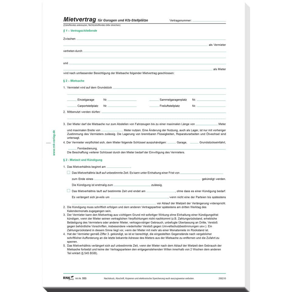Mietvertrag für Garagen und Kfz-Stellplätze, 4 Seiten, DIN A4, 10 Stück RNK 553/10 RNK 553/10 Pg10Bl