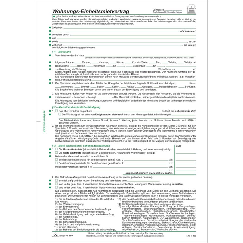 Wohnungs-Einheitsmietvertrag - 10 Stück, DIN A4 + Wohnungsgeberbescheinigung RNK 599/10 RNK 599/10 Pg10St
