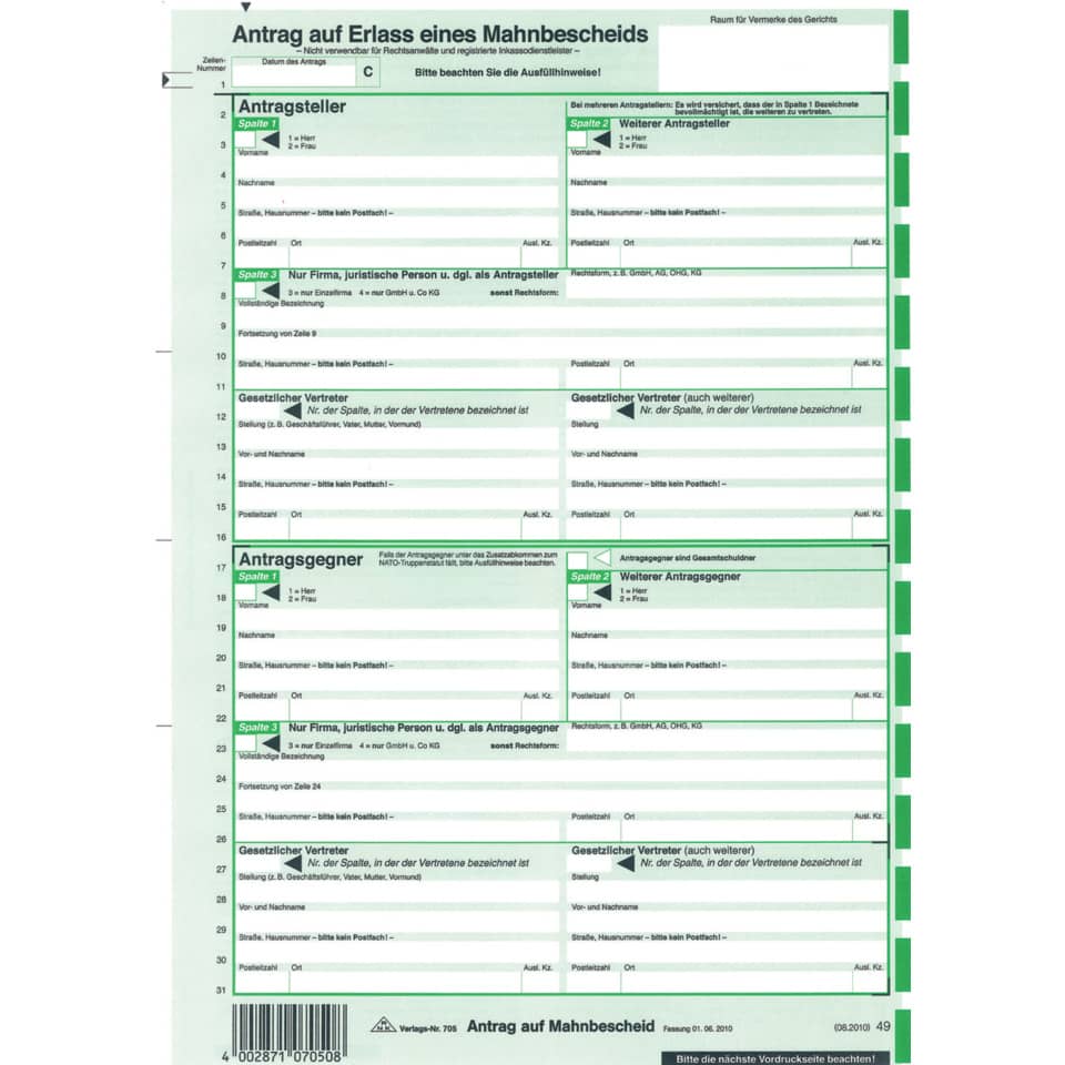 Antrag auf Erlass eines Mahnbescheids 10 Stück, neutral, für Laserdrucker, DIN A4 RNK 705L/10 RNK 705L/10 SD f.Laserdruck.