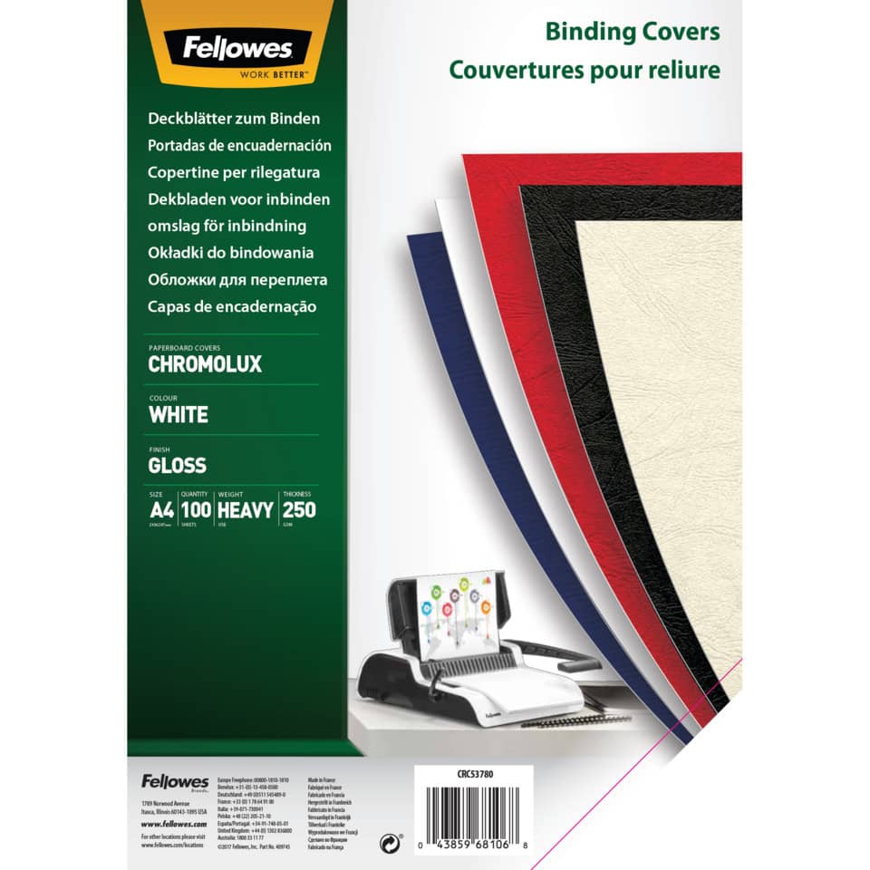 Einbanddeckel Chromolux, Karton, A4, 250g/m², 100 Stück, weiß FELLOWES 5378006 FELLOWES 5378006 100ST 250g