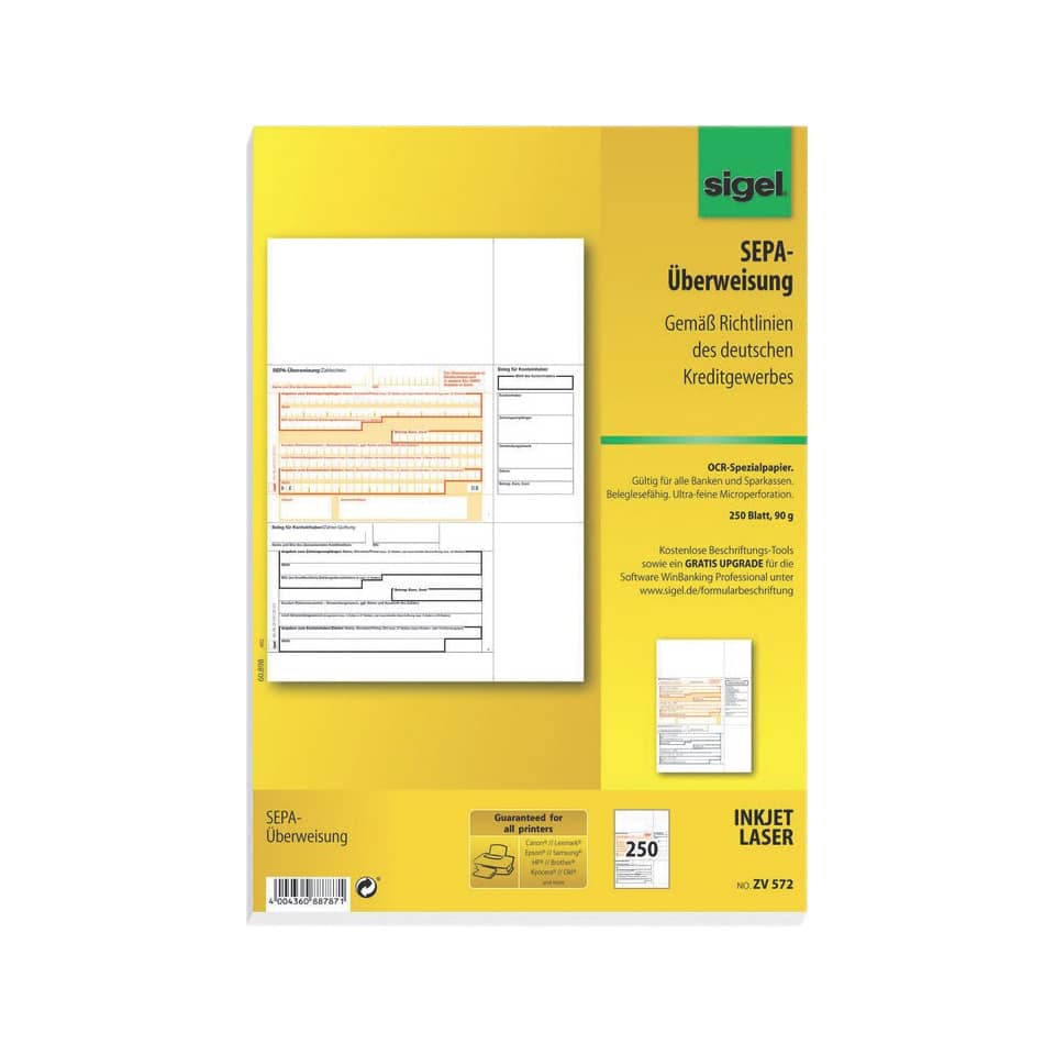 PC-Formular Sepa -Überweisung, A4, 90g/m², 250 Blatt SIGEL ZV572 SIGEL ZV572  A4  250BL  90g