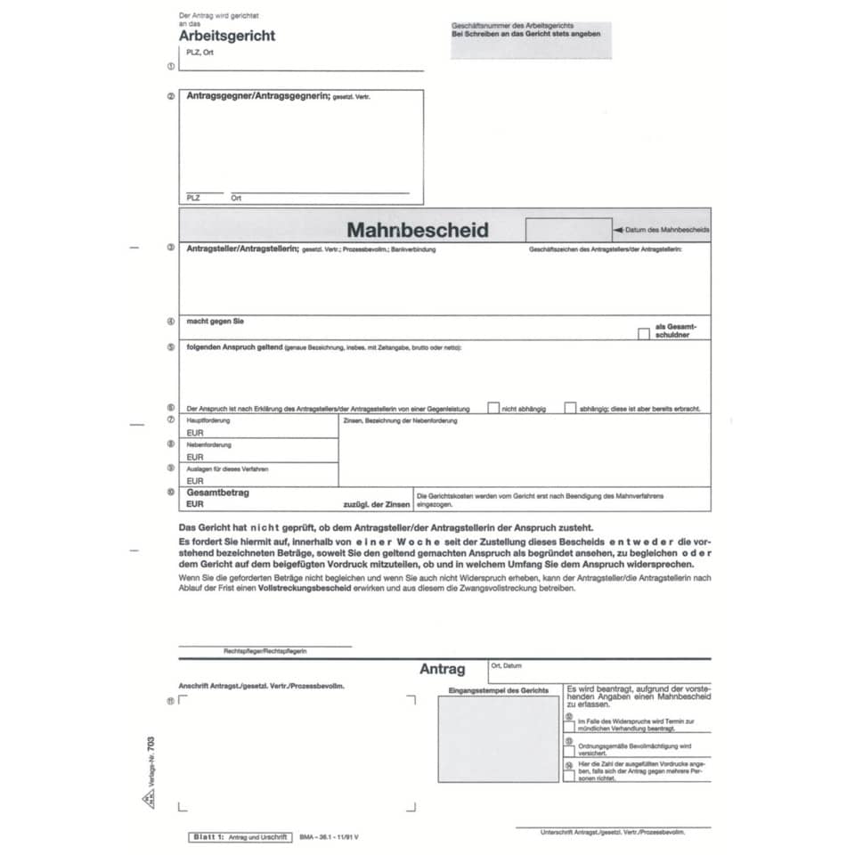 Vordruck für den Mahn- und Vollstreckungsbescheid Arbeitsgericht - SD, 6 Blatt RNK 703