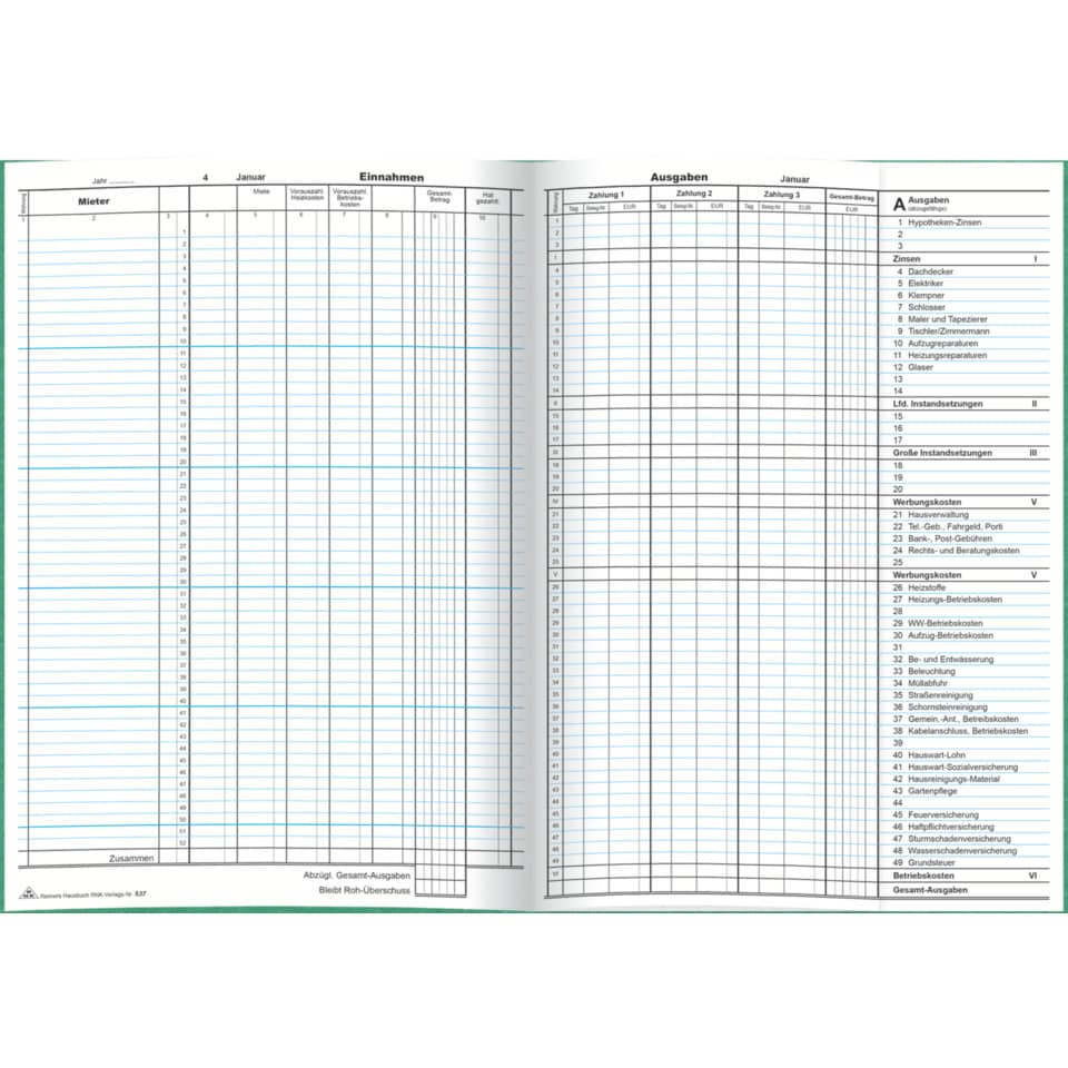 Hauskontobuch Reimers Hausbuch, 1 Jahr bis 52 Mieter, A4, 16 Blatt RNK 537 RNK 537 52 Mieter 1 Monat je S