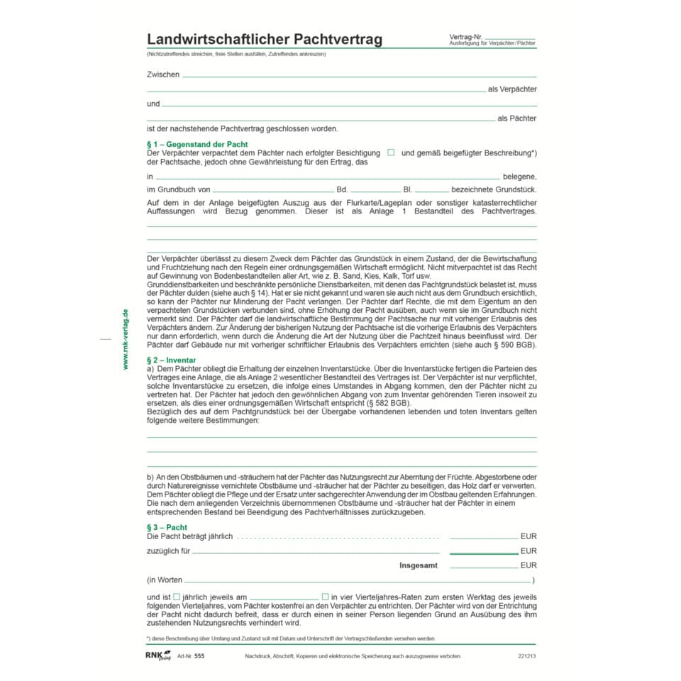 Pachtvertrag landwirtschaftlicher Pachtvertrag, DIN A4, 4 Blatt RNK 555 RNK 555 landwirtschaftlich