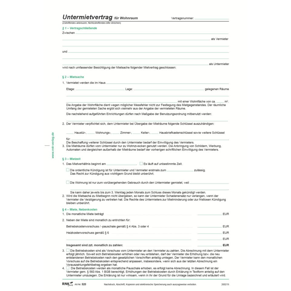 Untermietvertrag für Wohnräume, 4 Seiten, DIN A4 + Wohnungsgeberbescheinigung RNK 520 RNK 520 A4 4Seiten