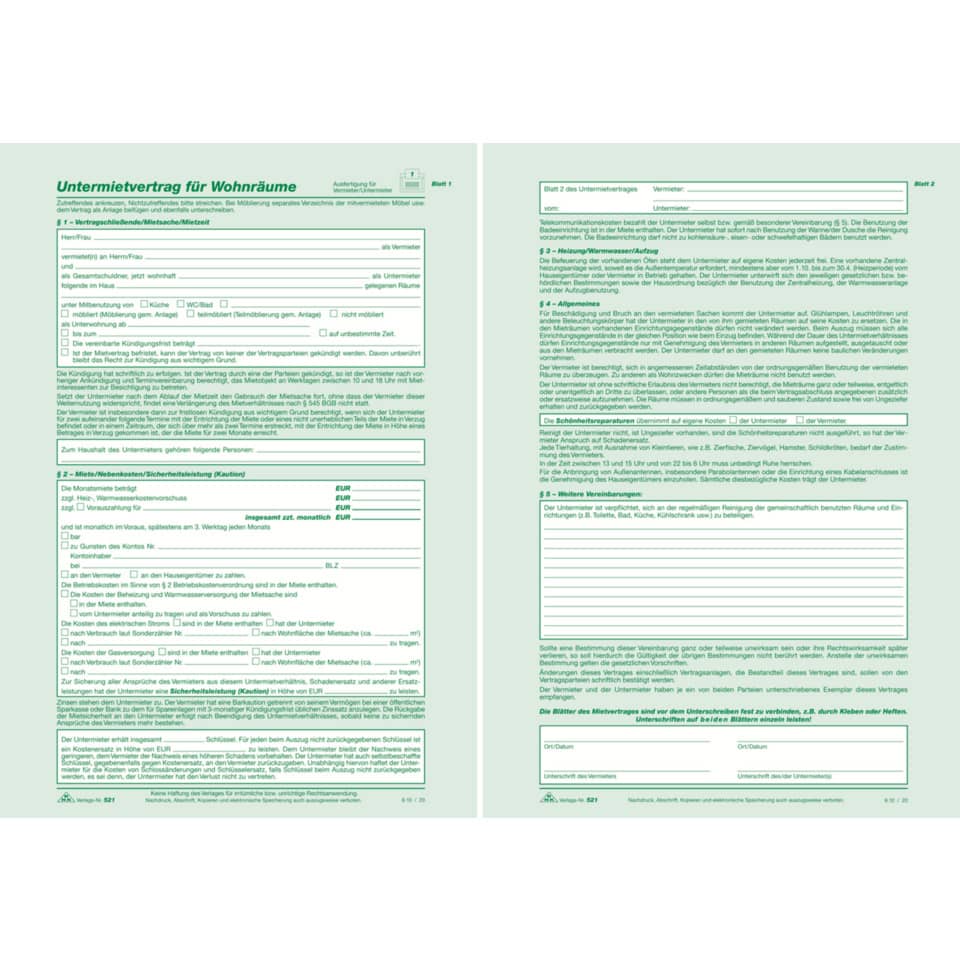 Untermietvertrag für Wohnräume - SD, 2 x 2 Blatt, DIN A4 RNK 521 RNK 521 A4 2x2Seiten