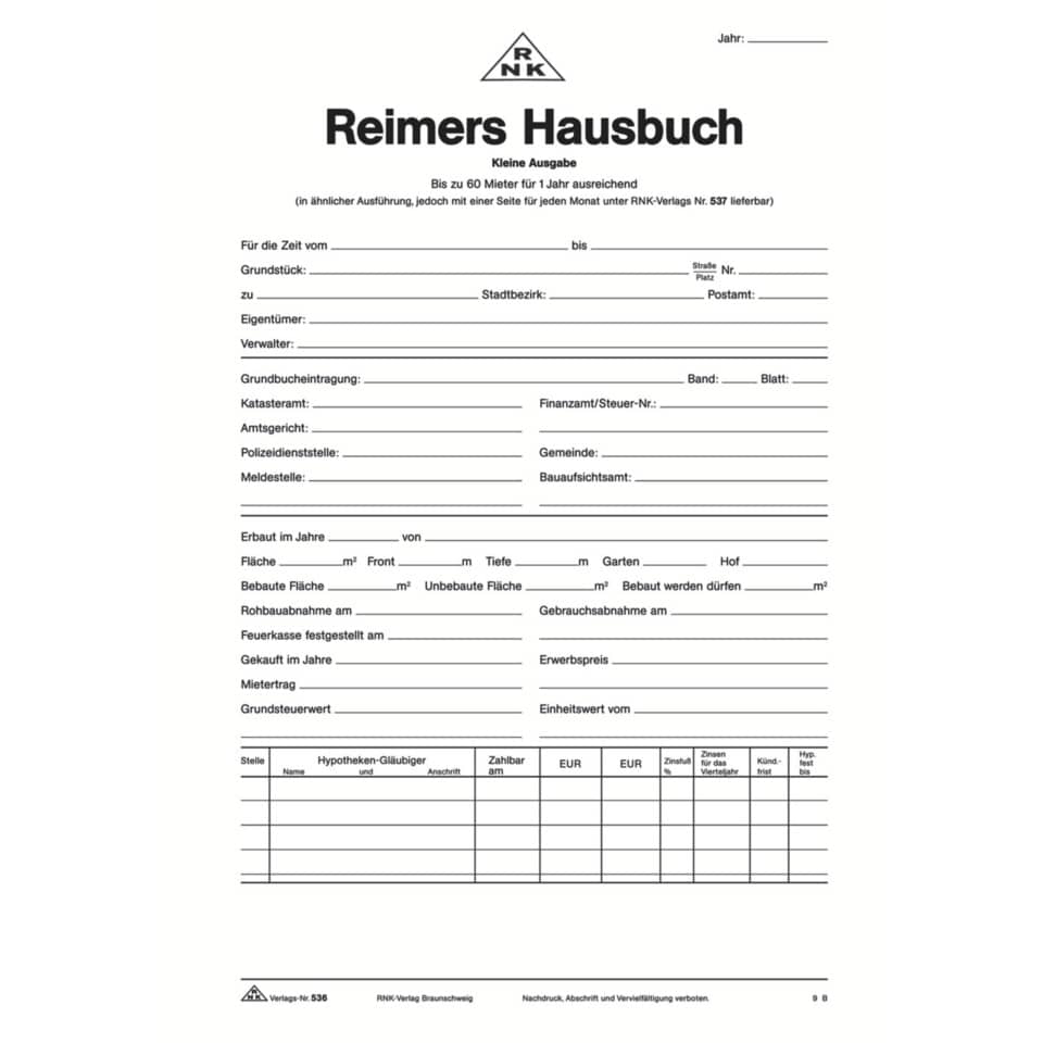 Hauskontobuch Reimers Hausbuch, 1 Jahr bis 60 Mieter, A4, 6 Blatt RNK 536 RNK 536 60 Mieter 3 Monate je