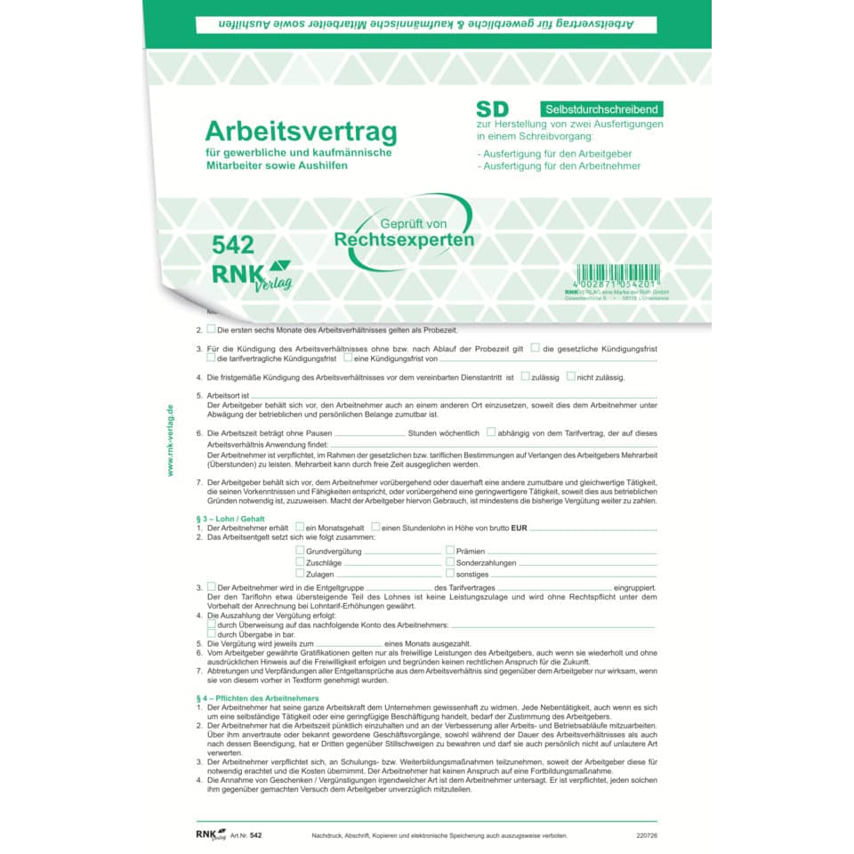 Arbeitsvertrag für gewerbliche Arbeitnehmer - 10 Stück, SD, DIN A4 RNK 542/10 RNK 542/10 gewerb.Arbeitnehmer