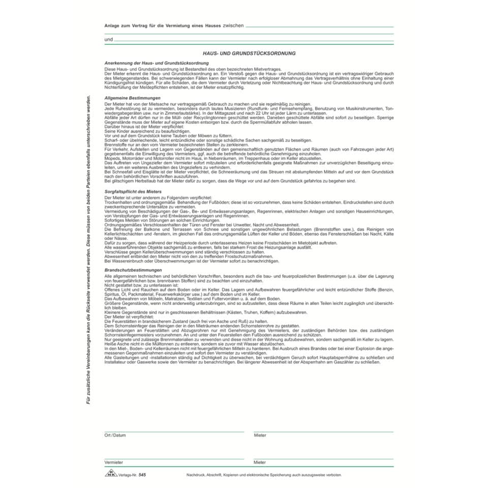Vertrag für die Vermietung eines Hauses, 8 Seiten, 10 Stück RNK 545/10 RNK 545/10 Haus