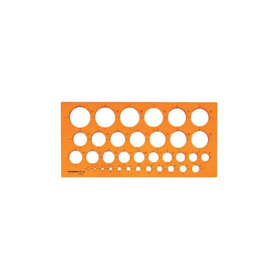 Kreisschablone, Kunststoff orange, transparent, 35 Kreise Ø 1-35 mm, Maße 270x130x2 mm RUMOLD 2810