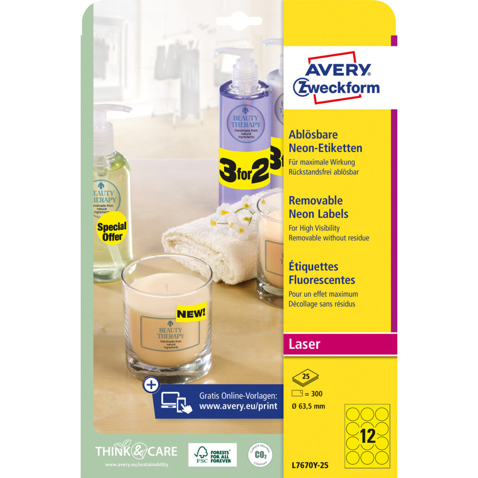 Farbige Etiketten, Ø63,5cm, 300 Stück, neongelb AVERY ZWECKFORM L7670Y-25 AVERY ZWECKFORM L7670Y-25 63,5