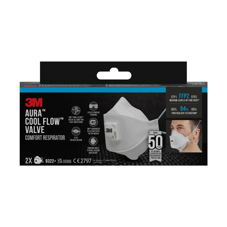 Atemschutzmaske Aura™ Partikelmaske für Elektrowerkzeugarbeiten, FFP2, 2er Pack 3M 9322-2 3M 9322C2