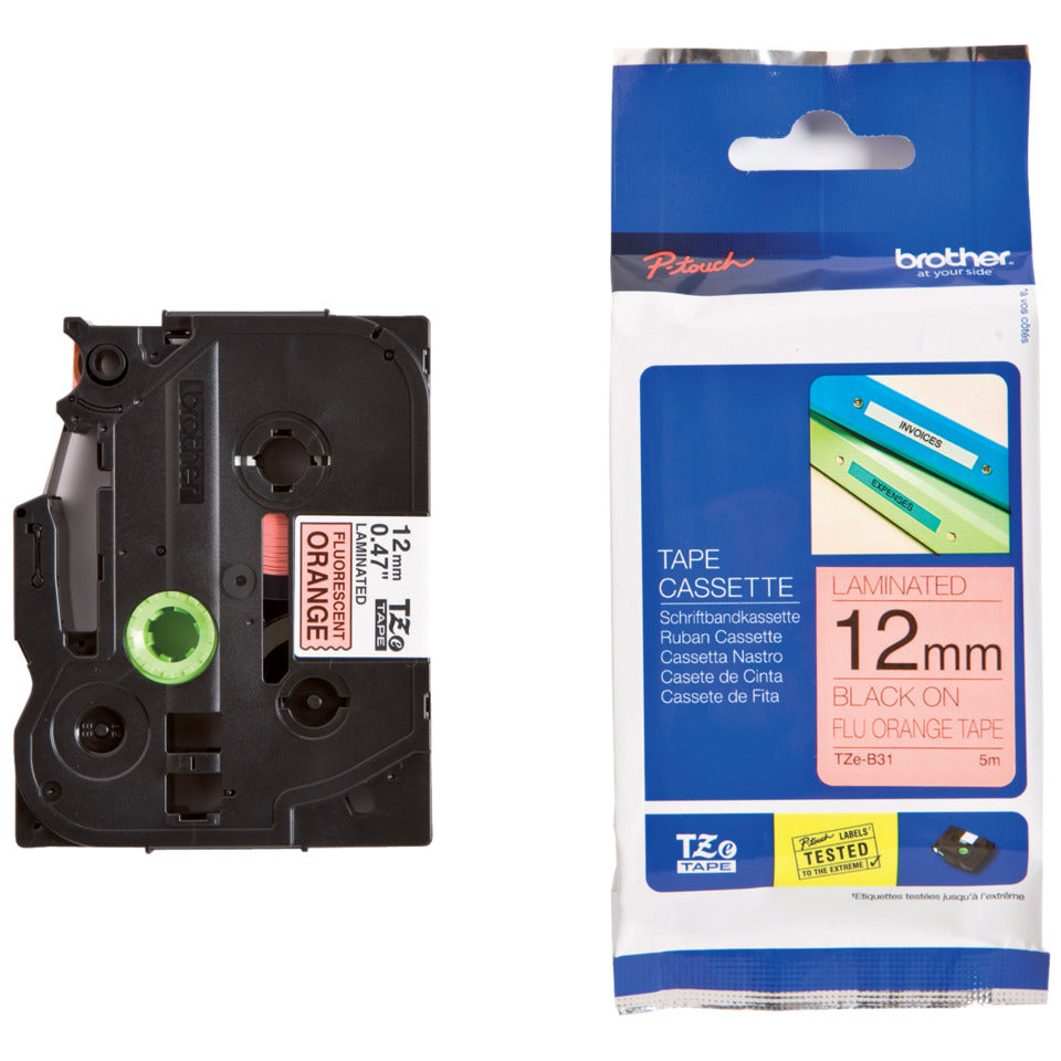 Schriftband laminiert, 12mmx5m, schwarz/signalorange BROTHER TZEB31 BROTHER TZEB31 12mm 5m