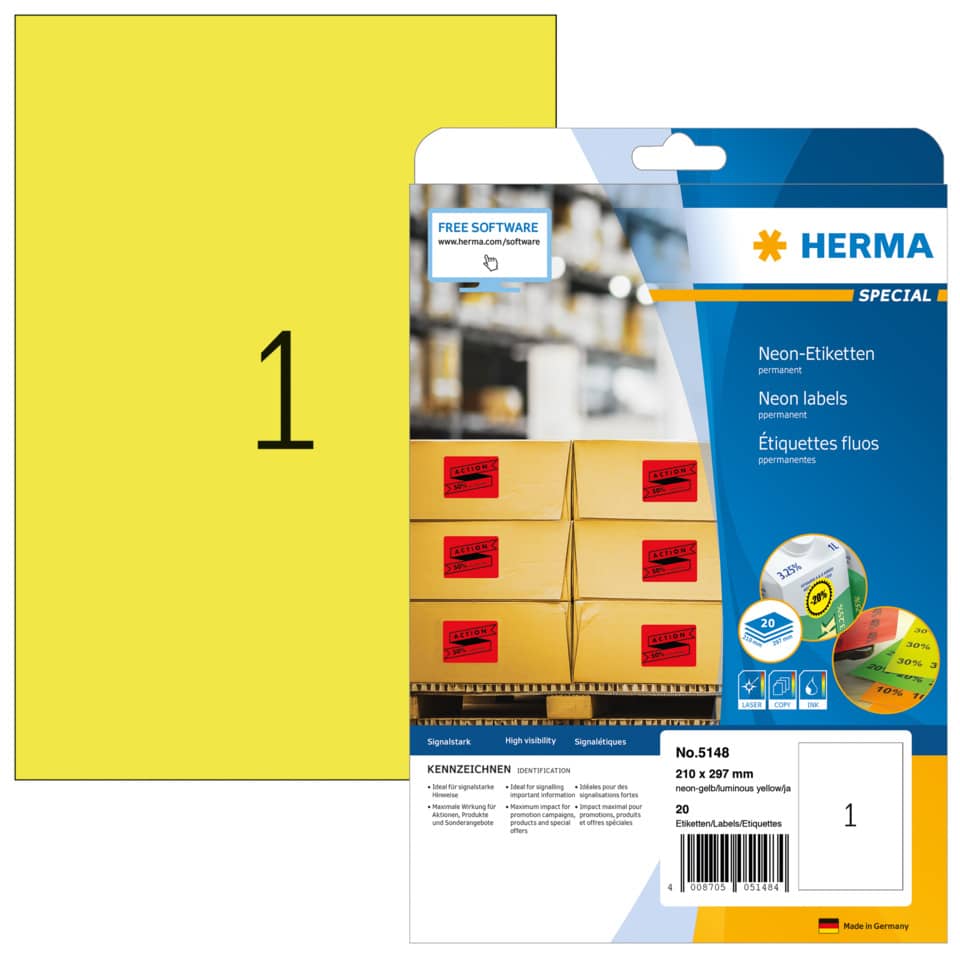 Neonetiketten permanent, 210x297mm, 20 Stück, neongelb HERMA 5148 HERMA 5148  20 Stück permanent haftend
