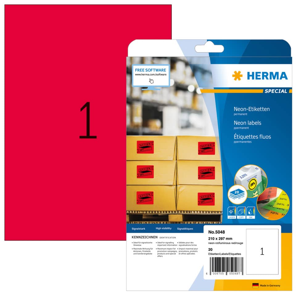 Neonetiketten permanent, 210x297mm, 20 Stück, leuchtrot HERMA 5048 HERMA 5048  20 Stück permanent haftend