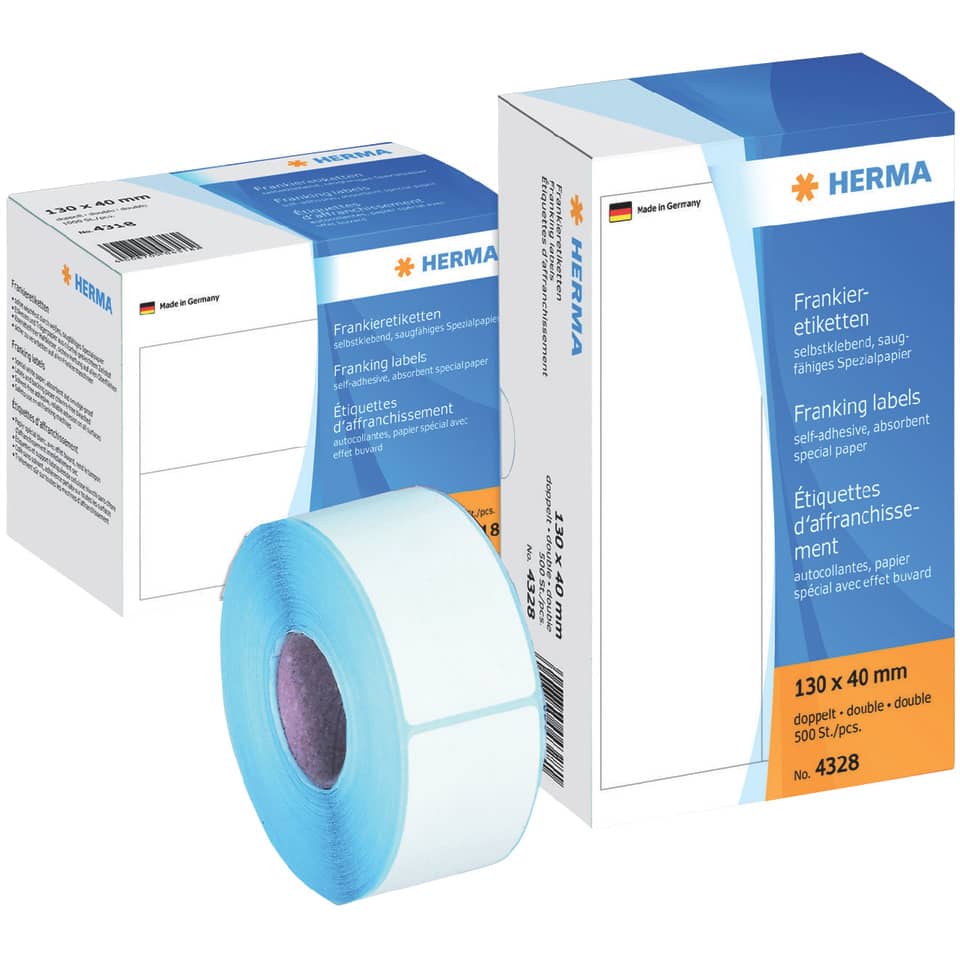 Frankieretiketten doppelt permanent, 163x45mm, 500 Stück, weiß HERMA 4329 HERMA 4329 doppelt permanent haftend