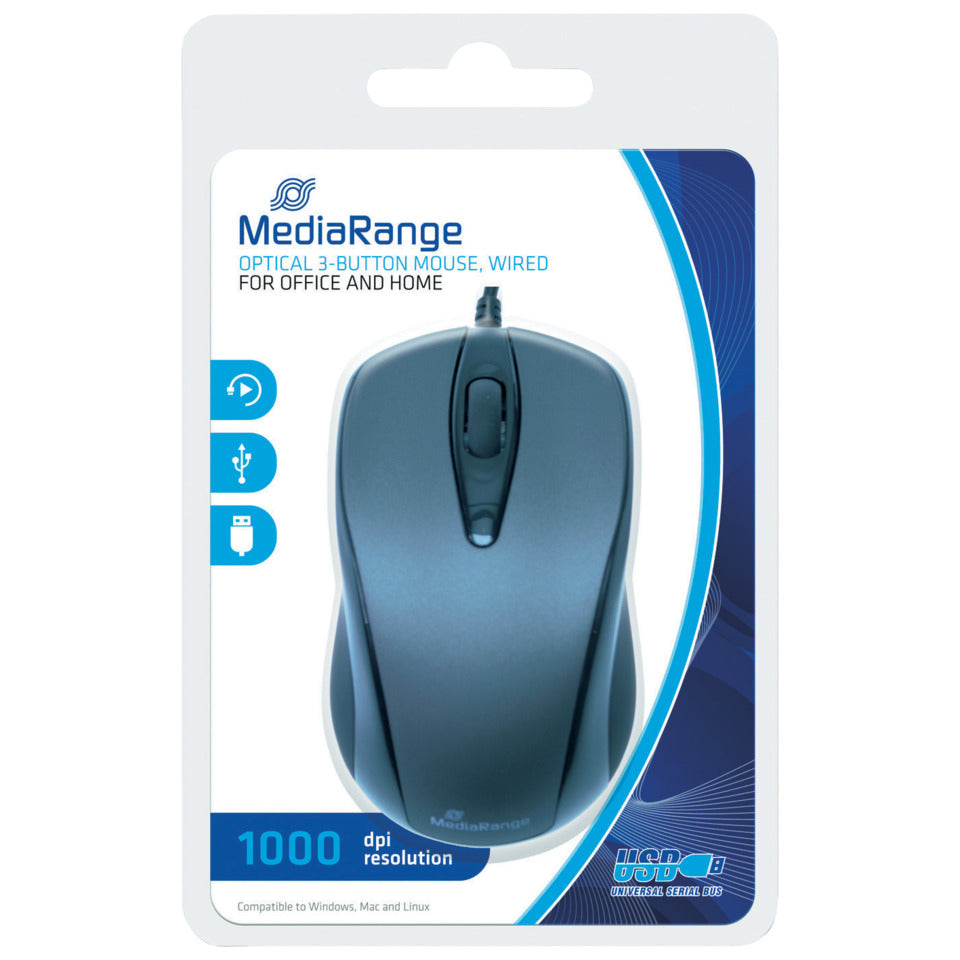 Maus, 3 Tasten, 1000dpi, kabelgebunden, optisch, schwarz MEDIARANGE MROS201 MEDIARANGE MROS201 OfficeHome