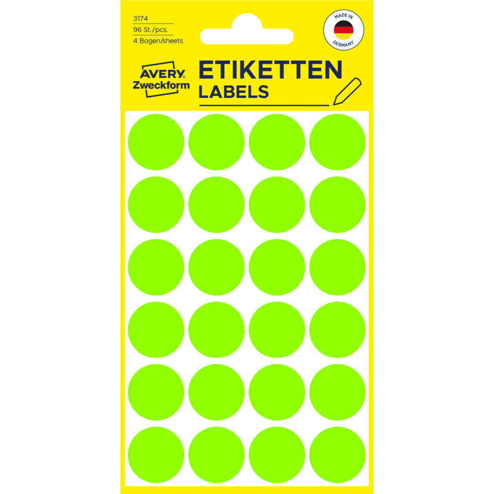Markierungspunkte, Ø18mm, 96 Stück, leuchtgrün AVERY ZWECKFORM 3174 ZWECKFORM 3174 premanent haftend