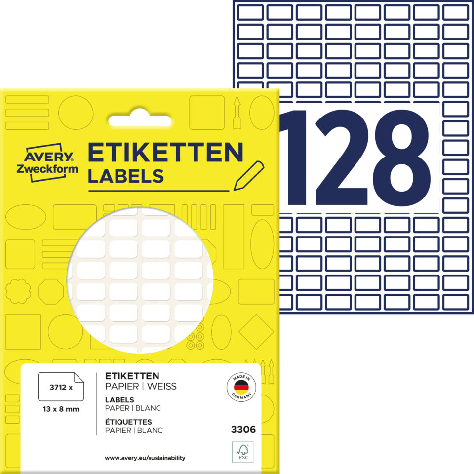 Vielzwecketiketten, 13x8mm, 3712 Stück, weiß AVERY ZWECKFORM 3306