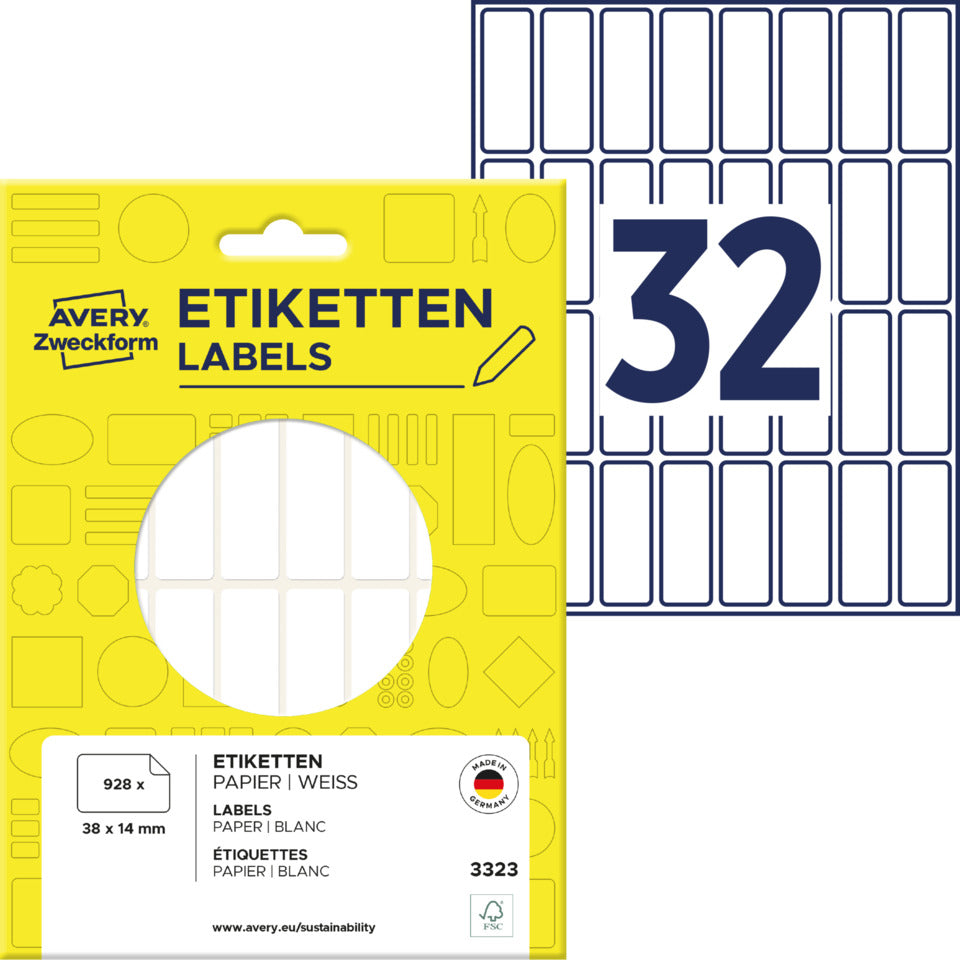 Vielzwecketiketten, 38x14mm, 928 Stück, weiß AVERY ZWECKFORM 3323