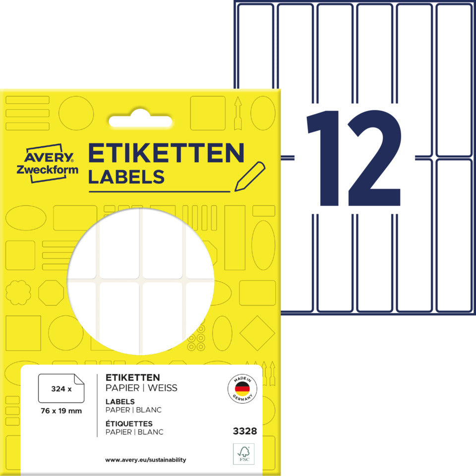 Vielzwecketiketten, 76x19mm, 324 Stück, weiß AVERY ZWECKFORM 3328