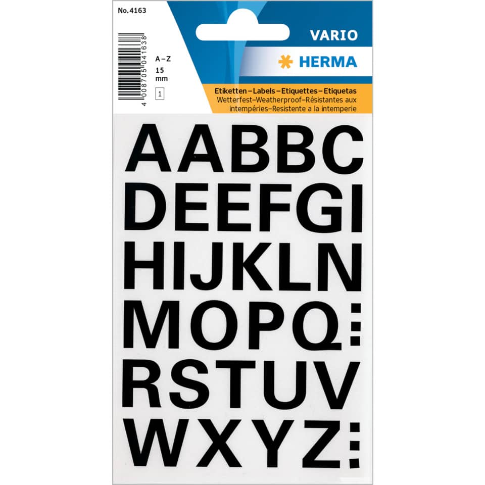 Buchstabenetikett A-Z, wetterfest, 36 Stück, schwarz HERMA 4163 HERMA 4163 15 mm  wetterfest