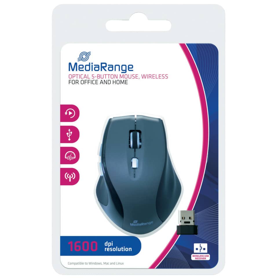 Maus OfficeHome - Rechtshänder, 5 Tasten, 1600dpi, kabellos, schwarz MEDIARANGE MROS203 MEDIARANGE MROS203/207 OfficeHome