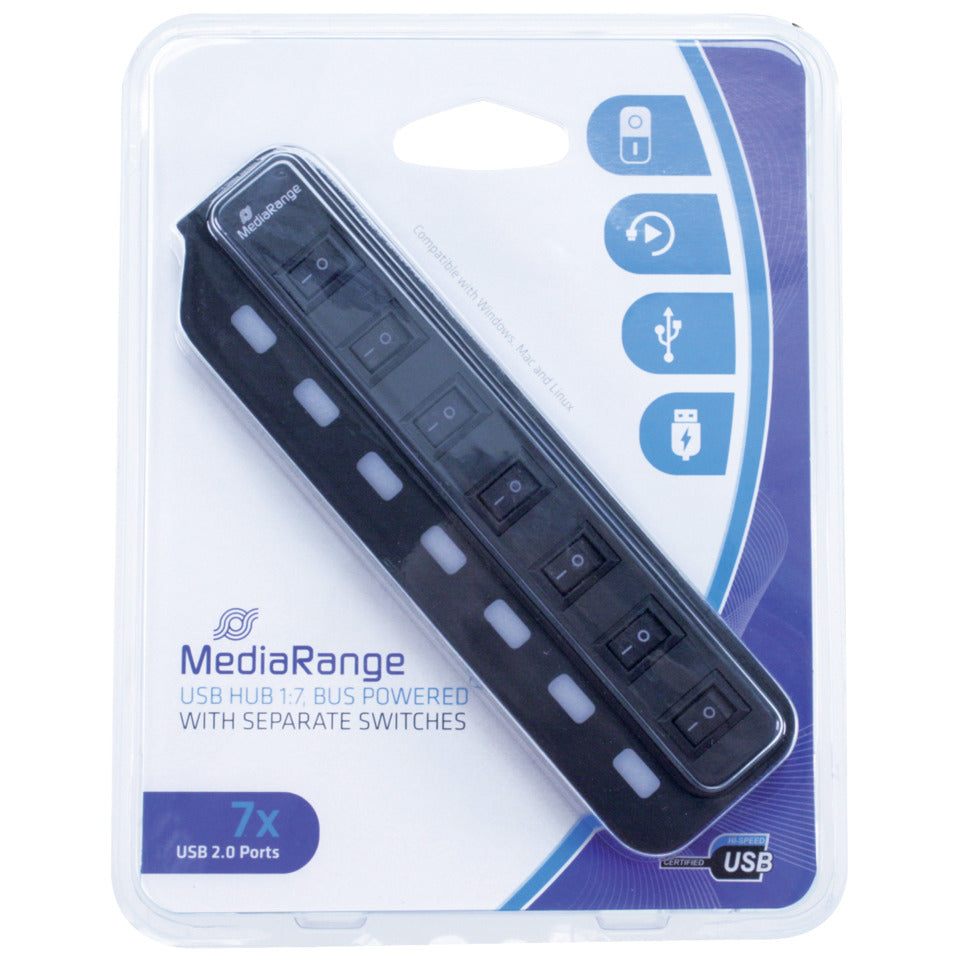 Verteiler USB 2.0 mit separaten Schaltern, 1:7, bus powered, schwarz MEDIARANGE MRCS504