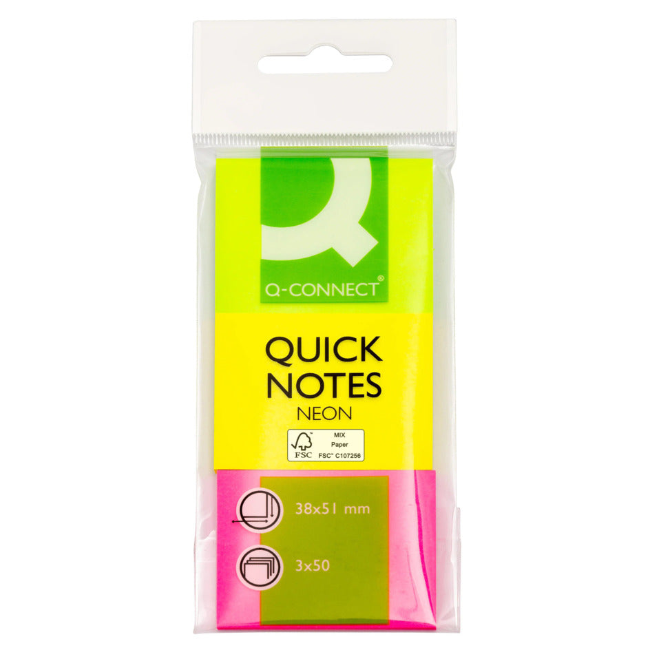 Haftnotizblock Quick Notes, 150 Blatt, 3 Stück, 38x51mm, neon sortiert Q-CONNECT KF01224 Q-CONNECT KF01224 150Bl 3ST