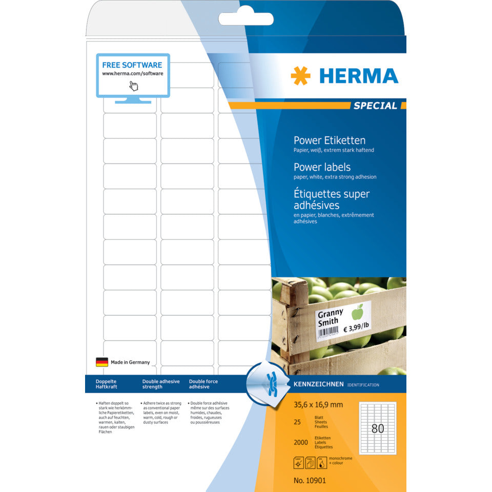 Poweretiketten stark haftend, 35,6x16,9mm, 2000 Stück, weiß  ~ HERMA 10901 HERMA 10901  25x80=2000St