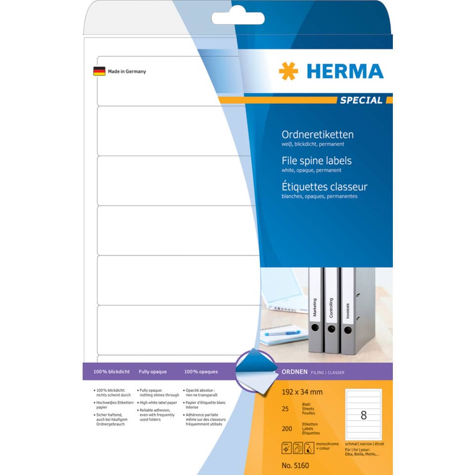 Ordnerrückenschild permanent, 34 x 192 mm, schmal/kurz, 200 Stück, weiß HERMA 5160 HERMA 5160 schmal/kurz permanent haftend