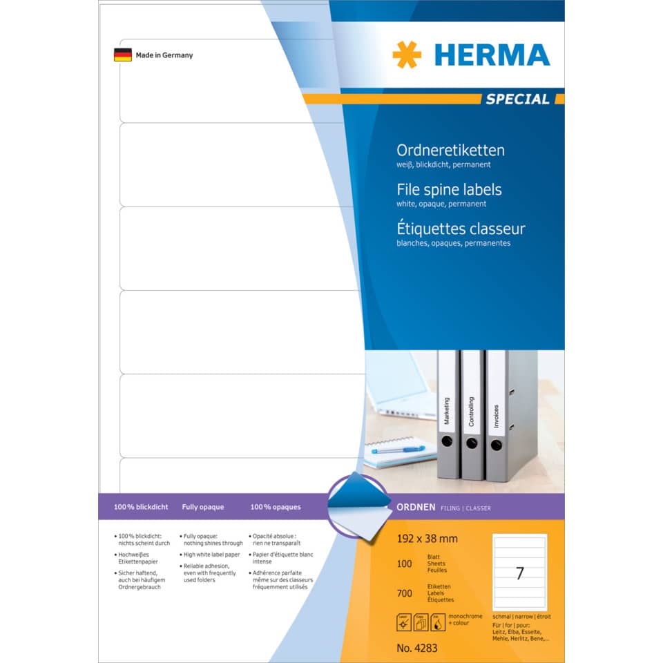 Ordnerrückenschild permanent, 38 x 192 mm, schmal/kurz, 700 Stück, weiß HERMA 4283 HERMA 4283 schmal/kurz permanent haftend