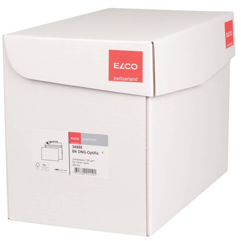 Briefumschlag Premium ohne Fenster, B4, 120g/m², haftklebend, 250 Stück, weiß ELCO 34988 ELCO 34988 Office Box Heftklebung