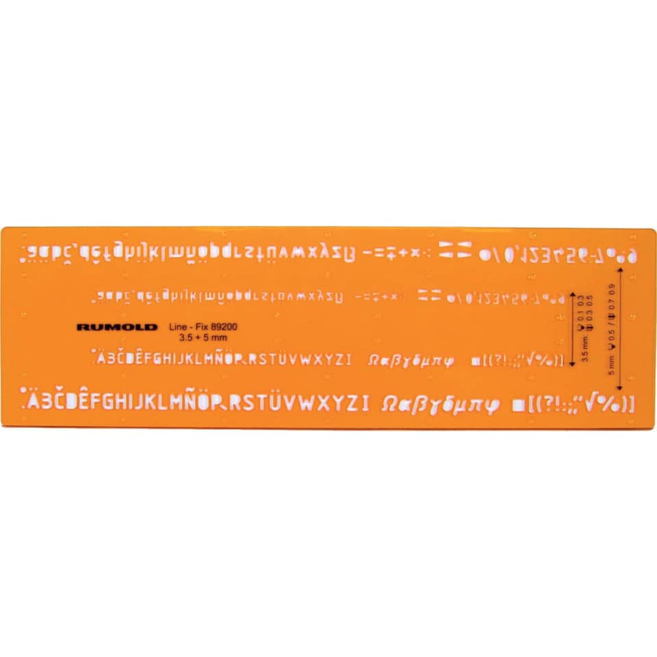 Schriftschablone für Fineliner, Kunststoff orange, transparent, Schrifthöhe 3,5 und 5 mm RUMOLD 89200 RUMOLD 89200 gerade f.Fineliner