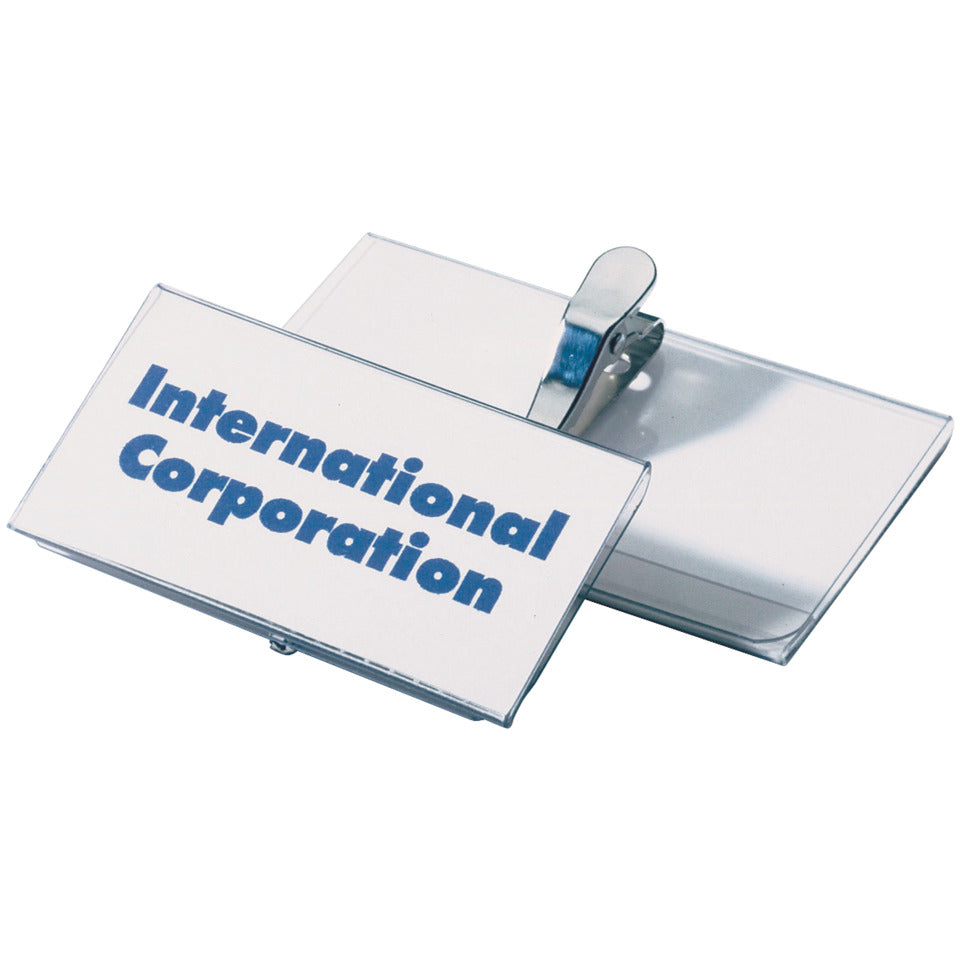 Namensschild mit drehbarer Krokoklemme, Hartfolie, transparent, 75 x 40 mm, 25 Stück DURABLE 8110 19 DURABLE 8110 19 m.Krokoklemme