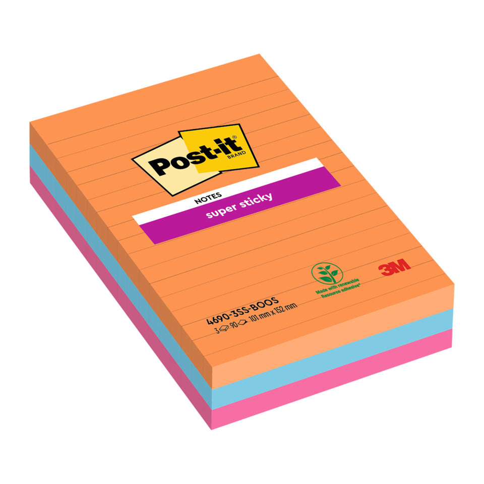 Haftnotizblock Super Sticky Notes , Boost Collection, 101x152mm, liniert, 3 x 90 Blatt POST-IT 4690-3SS-BOOS POST-IT 4690-3SS-BOOS BigNotes