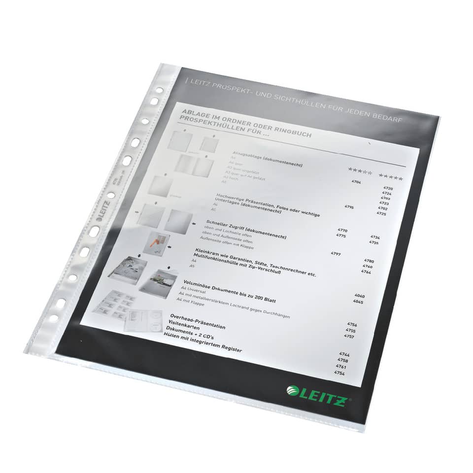 Prospekthülle Standard, A4, PP, dokumentenecht, glasklar, 100 Stück LEITZ 4770-00-02 LEITZ 4770-00-02 100Stück
