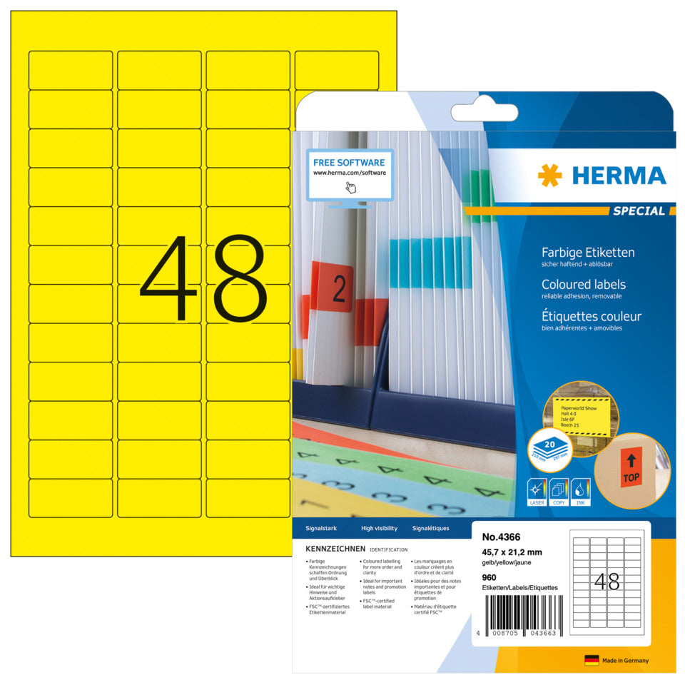 Etiketten ablösbar, 45,7x21,2mm, 960 Stück, gelb HERMA 4366 HERMA 4366 SuperPrint