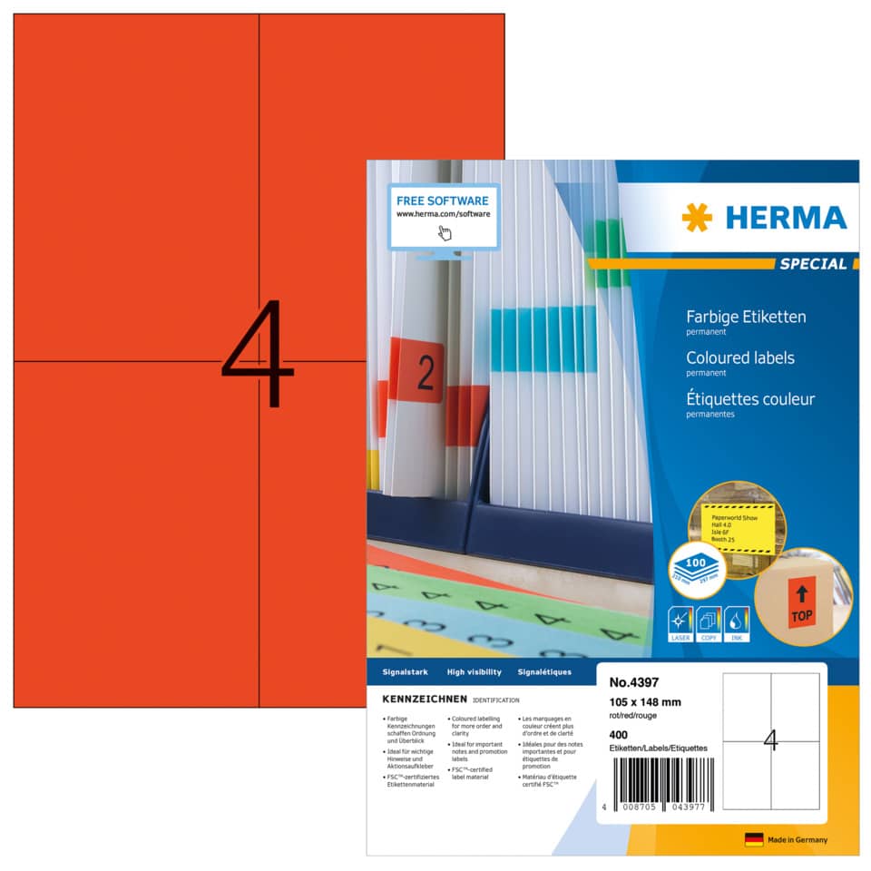 Etiketten permanent, 105 x 148 mm, 400 Stück, rot HERMA 4397 HERMA 4397 SuperPrint