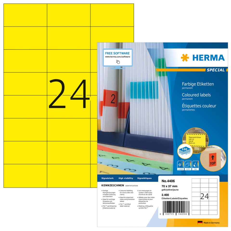 Etiketten permanent, 70x37mm, 2400 Stück, gelb HERMA 4406 HERMA 4406 SuperPrint