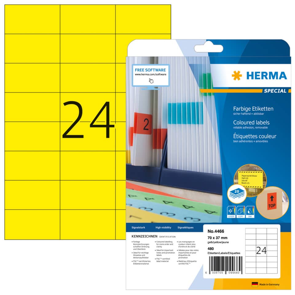 Etiketten ablösbar, 70x37mm, 480 Stück, gelb HERMA 4466 HERMA 4466 SuperPrint 480 Stück ablösbar