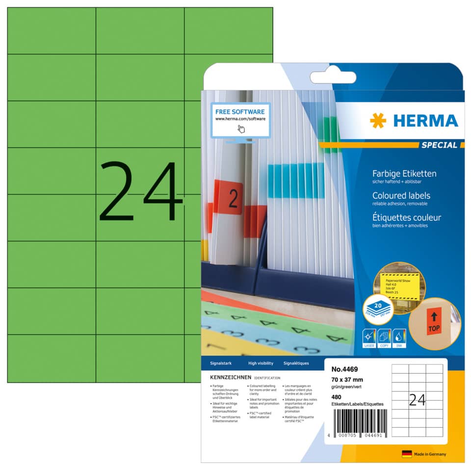 Etiketten ablösbar, 70x37mm, 480 Stück, grün HERMA 4469 HERMA 4469 SuperPrint 480 Stück