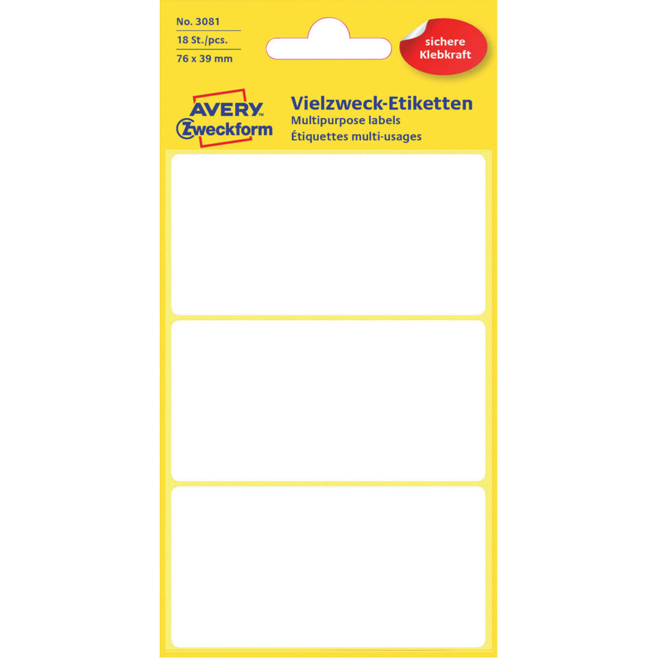 Vielzwecketiketten, 76x39mm, 18 Stück, weiß AVERY ZWECKFORM 3081