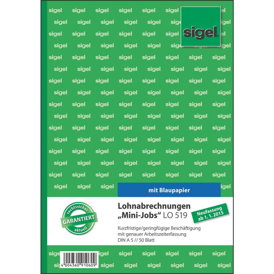 Lohn + Gehaltsabrechnung Mini-Jobs, A5, 50 Blatt SIGEL LO519 SIGEL LO519 A5 50 Blatt