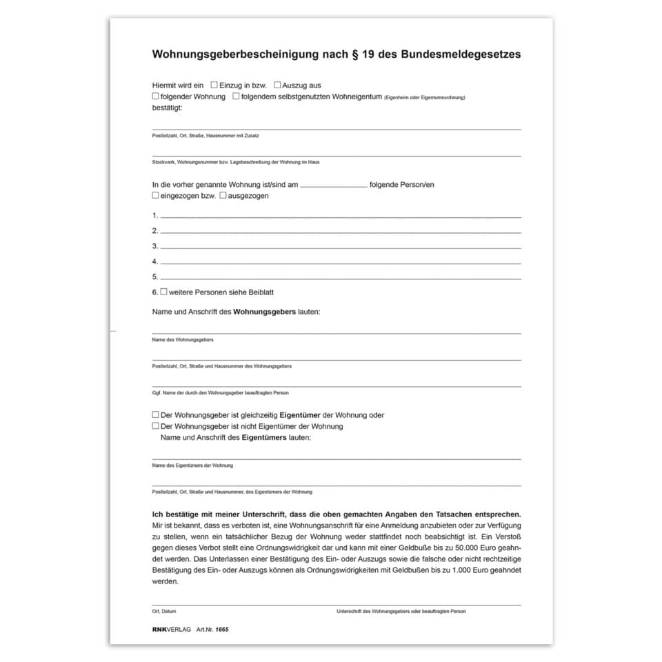 Wohnungsgeberbescheinigung nach § 19 Bundesmeldegesetz (BMG), DIN A4 RNK 1665 RNK 1665  2Seiten
